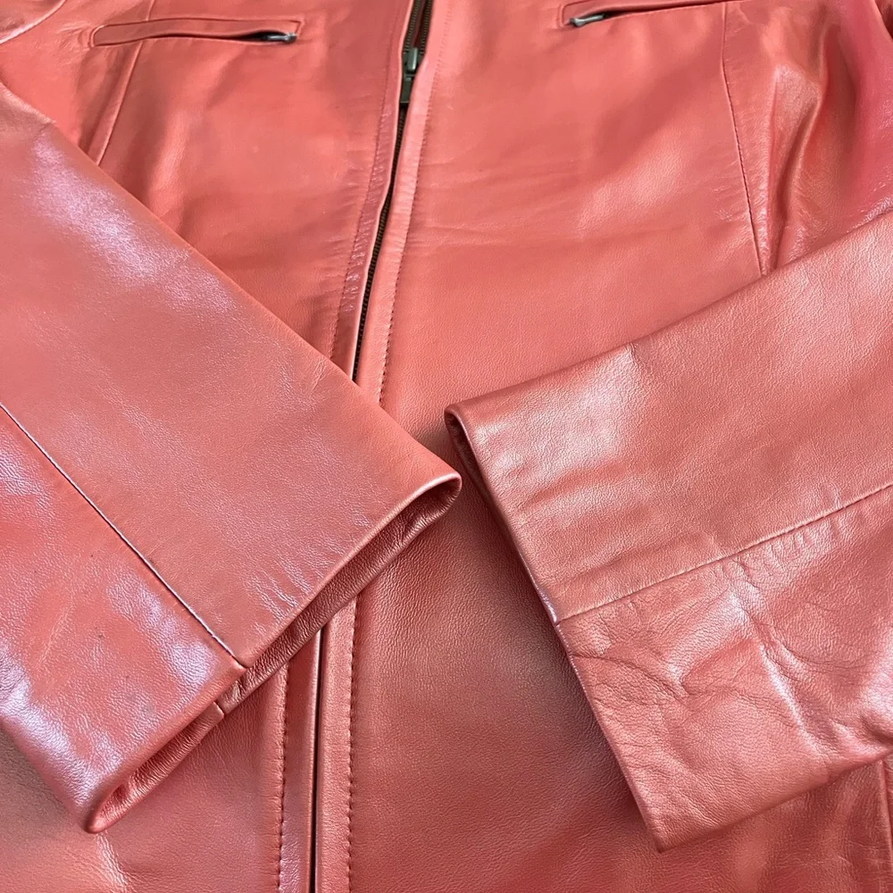 Alfani Genuine Leather Fully Lined Zip Front Jacket in Shimmery Peach Size Large - Picture 6 of 9